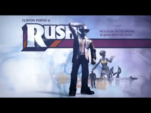 A stylized, animated male figure in a suit and hat stands center frame, with other figures and text appearing around him on a light background.