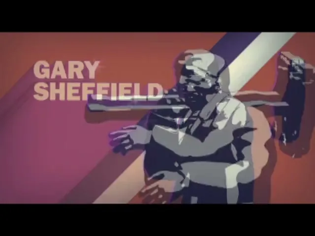 A stylized animated male figure, Gary Sheffield, holds a baseball bat over his shoulder, with his name displayed on screen in a graphic, dynamic composition.