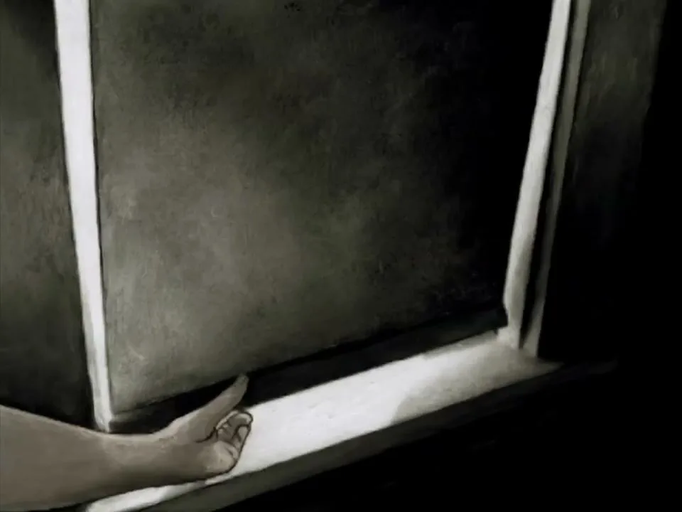 A hand pulls up a window shade, revealing a bright window in a dark, animated room.
