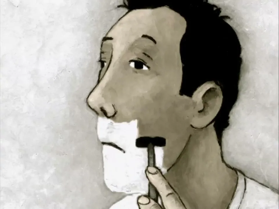 An animated man with dark hair shaves his face with a razor, looking up and to the right, in a bathroom.