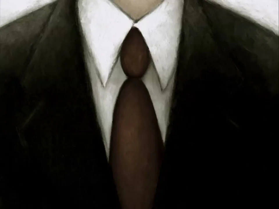 A stylized, painted close-up of a man's torso in a dark suit, white shirt, and brown tie, with no face visible.