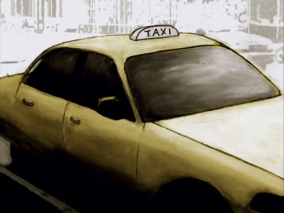 An animated yellow taxi cab is parked on a city street during the day, with other vehicles in the background.