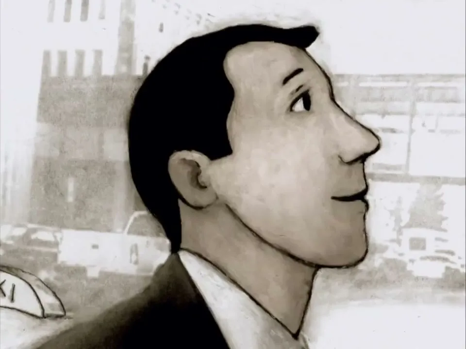 An animated man in a suit looks up with a hopeful expression, with a blurred city street and a taxi sign in the background.