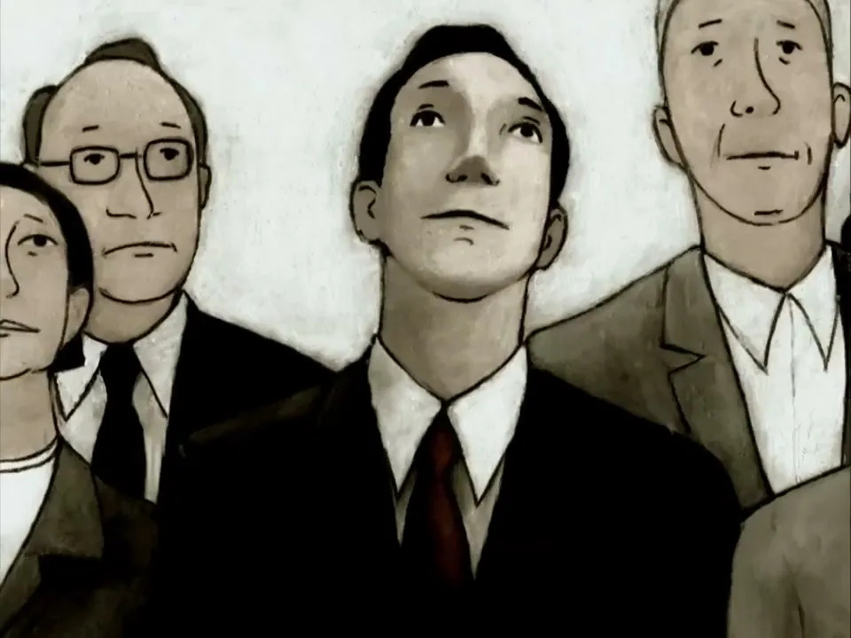 An animated man in a suit looks up, then down, surrounded by other animated people in a group shot.
