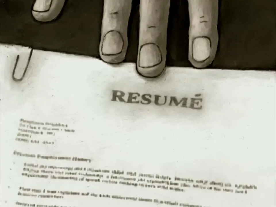 An animated hand with four fingers is seen from above, holding down a resume with the word "RESUMÉ" visible at the top, in an interior setting.