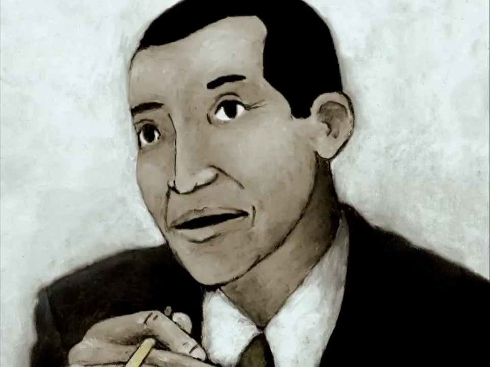 An animated man in a suit holds a pencil and looks to the side, in a stylized interior setting.