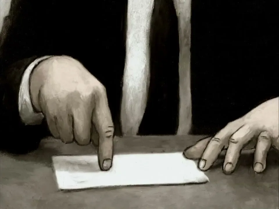 An animated man in a suit points at a small white paper on a table, with his other hand resting nearby.