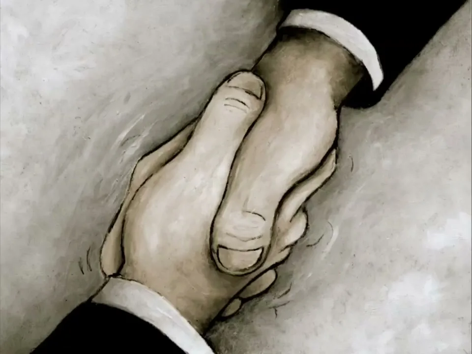 Two animated hands, one in a suit sleeve, reach out and shake hands against a textured, light gray background.