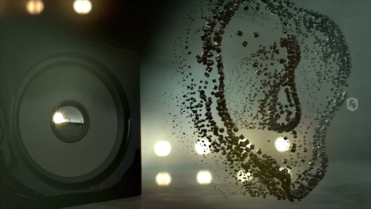 A black speaker vibrates, emitting a stream of dark, geometric particles that swirl and coalesce into a complex, mechanical structure on a dark, reflective surface with bright lights in the background.