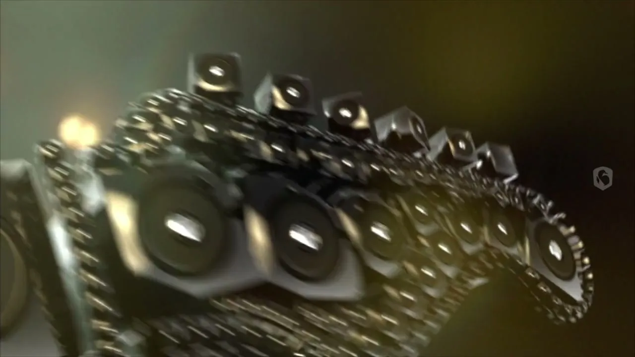 A guitar made of speakers and other audio equipment rotates and breaks apart into many small pieces, against a blurry background of lights.