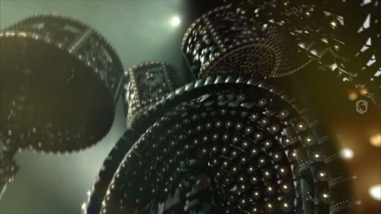 A low-angle shot shows a cluster of dark, metallic, spherical objects with small, glowing lights, resembling speakers, against a hazy green background.