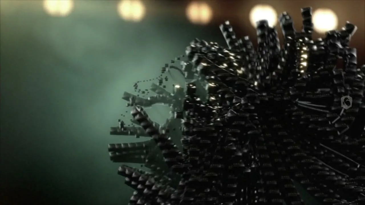 A dark, spiky, abstract shape resembling a head forms and deforms against a smoky green background with bright lights.