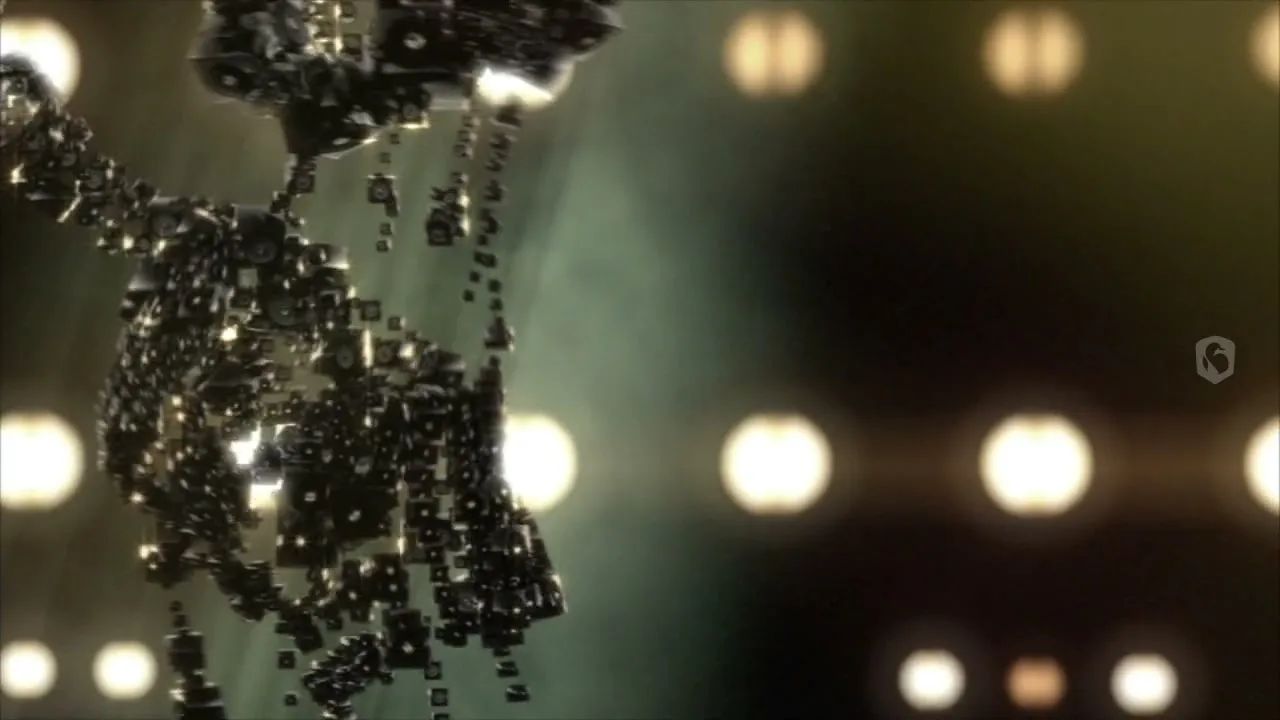 A dark, abstract, geometric shape, made of many small cubes, floats and rotates against a blurry background of bright, circular lights.