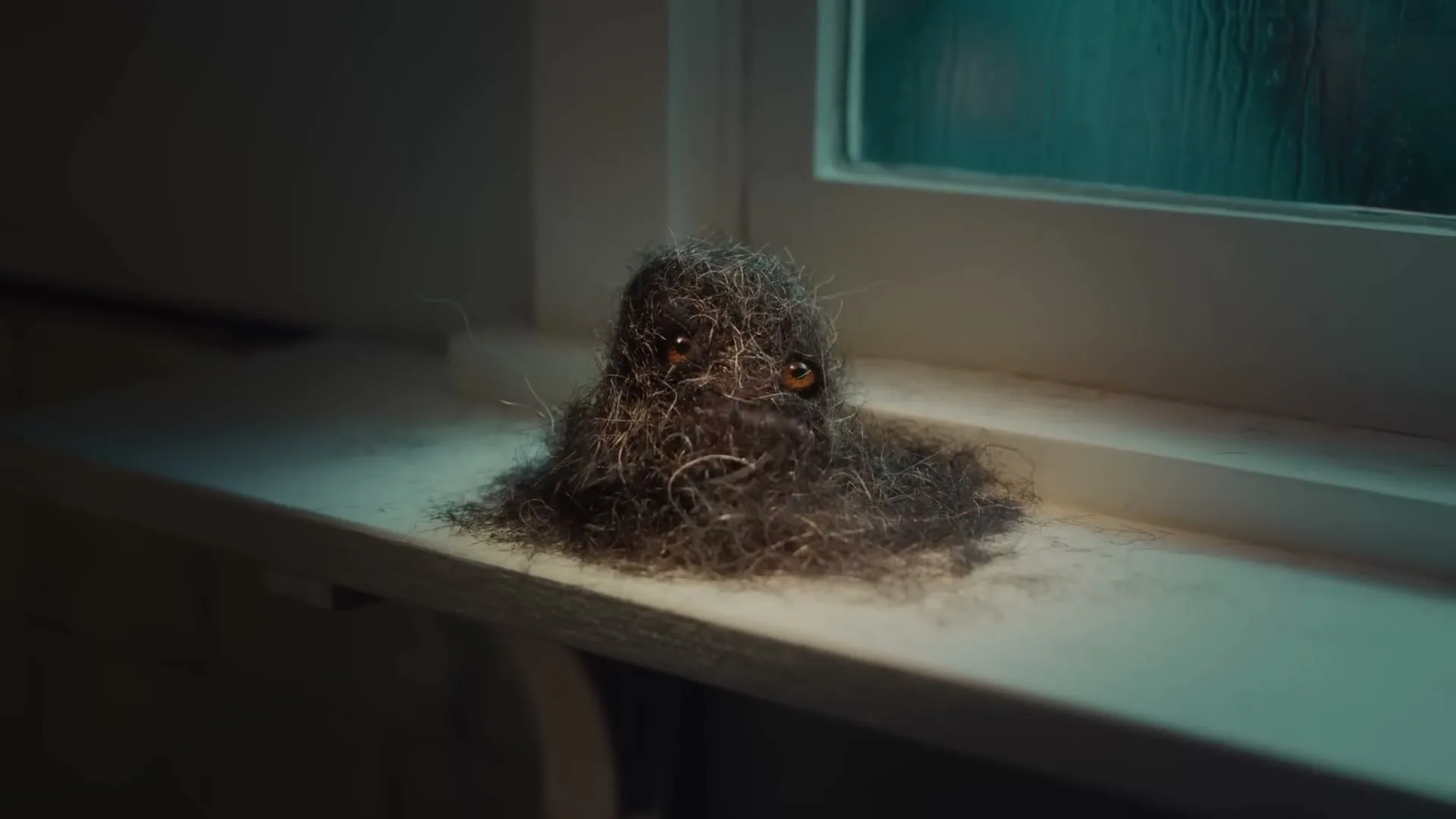A small, dark, hairy creature with glowing eyes sits on a windowsill, looking around as if scared.