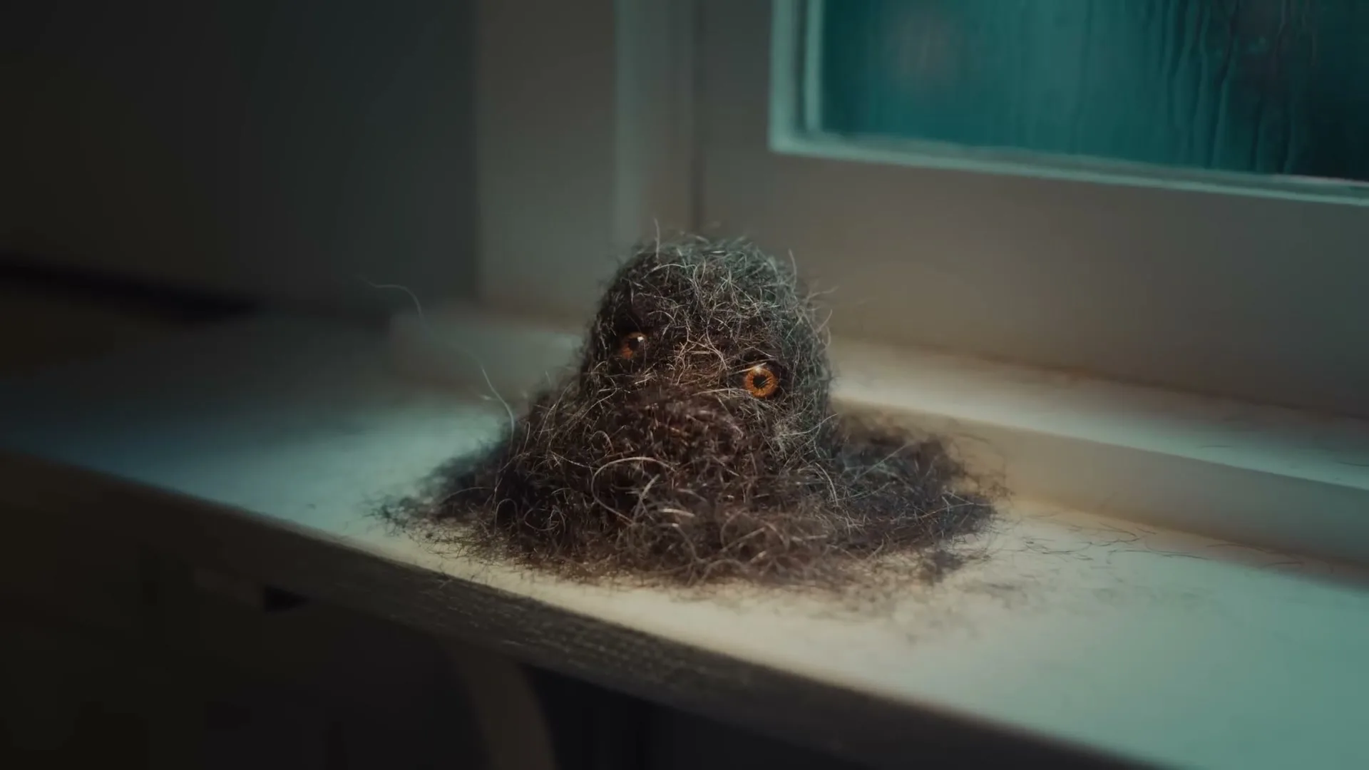 A small, dark, hairy creature with glowing eyes and a mouth made of hair sits on a windowsill at night, looking menacingly at the camera.
