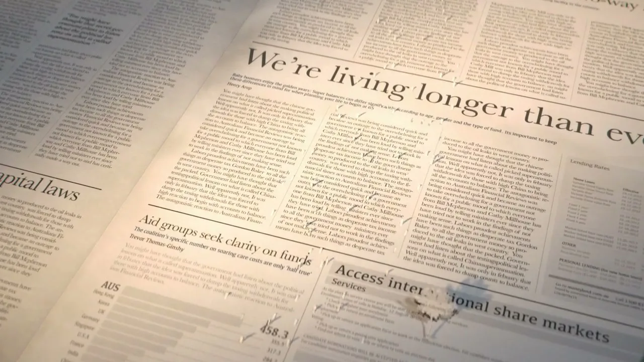 A newspaper spread on a wooden desk with glasses, a pen, and car keys, as small leaf-shaped cutouts fall onto the paper.