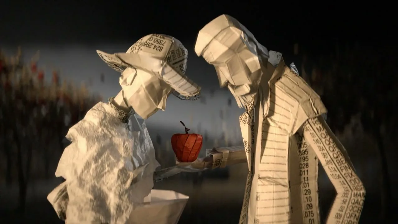 Two paper figures, one in a hat and cloak and the other in a suit, stand facing each other as the cloaked figure offers an apple to the suited figure, who then takes a bite.