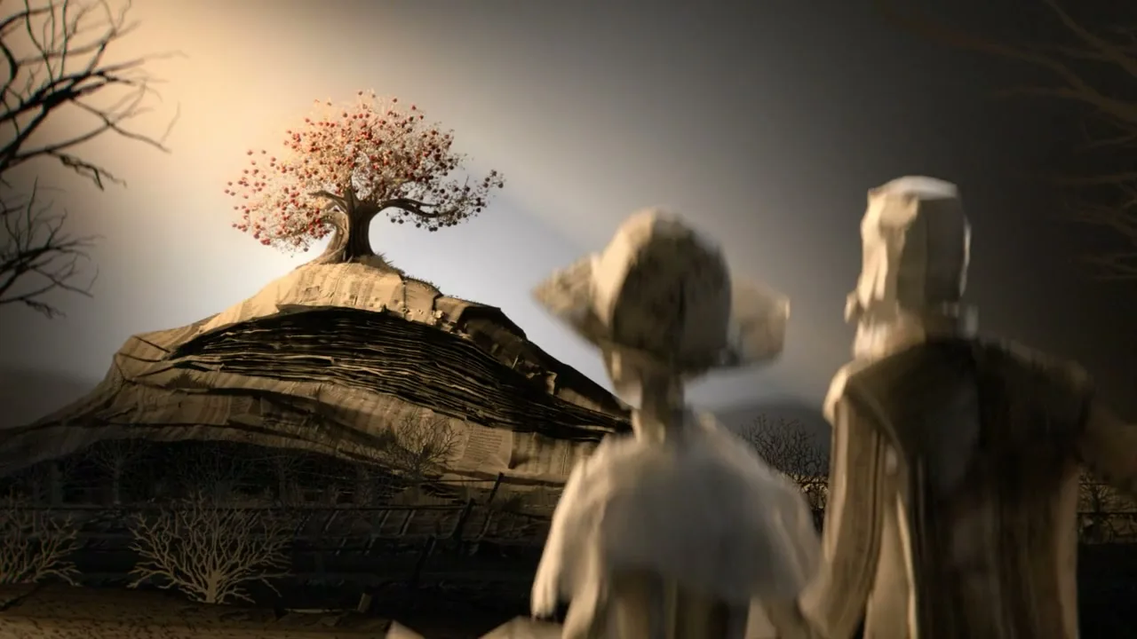 Two paper figures, a man and a woman, stand with their backs to the camera, looking at a glowing tree on a hill in a dark, stylized landscape.