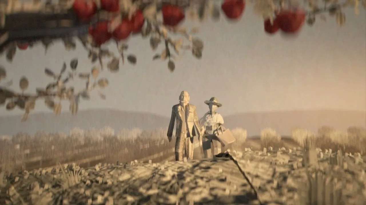 Two paper-crafted people, an older man and a younger woman, walk hand-in-hand through a field of paper trees under a paper apple tree.