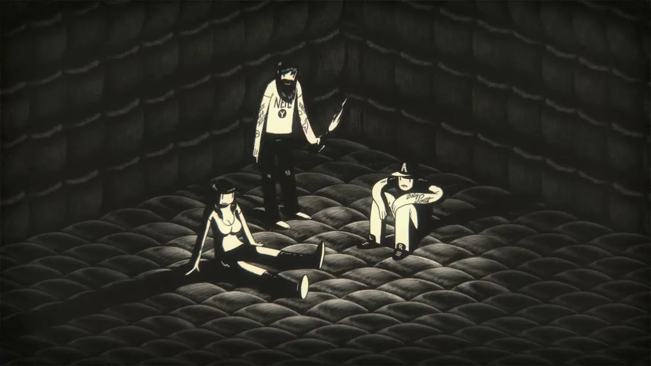 Three stylized animated characters, two men and one woman, are on a dark, textured surface as a bright light emanates from them.