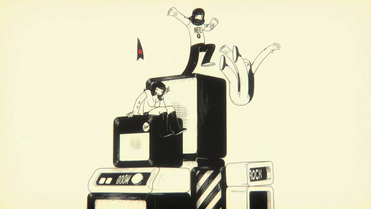 Three animated people are seen on a stage, then they are on top of a stack of speakers, then the shot transitions to a tangle of audio cables.