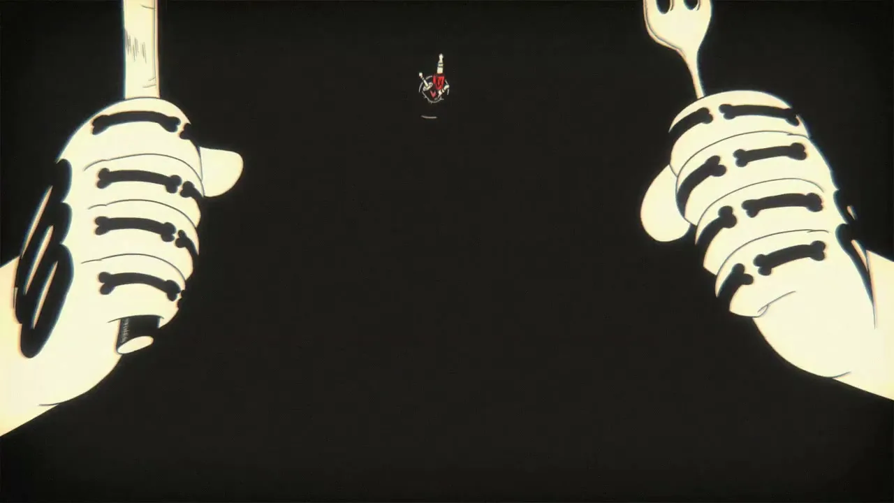 Two skeletal hands, one holding a knife and the other a fork, prepare to eat a bundle of audio cables that transforms into a monstrous mouth in a stylized animation.