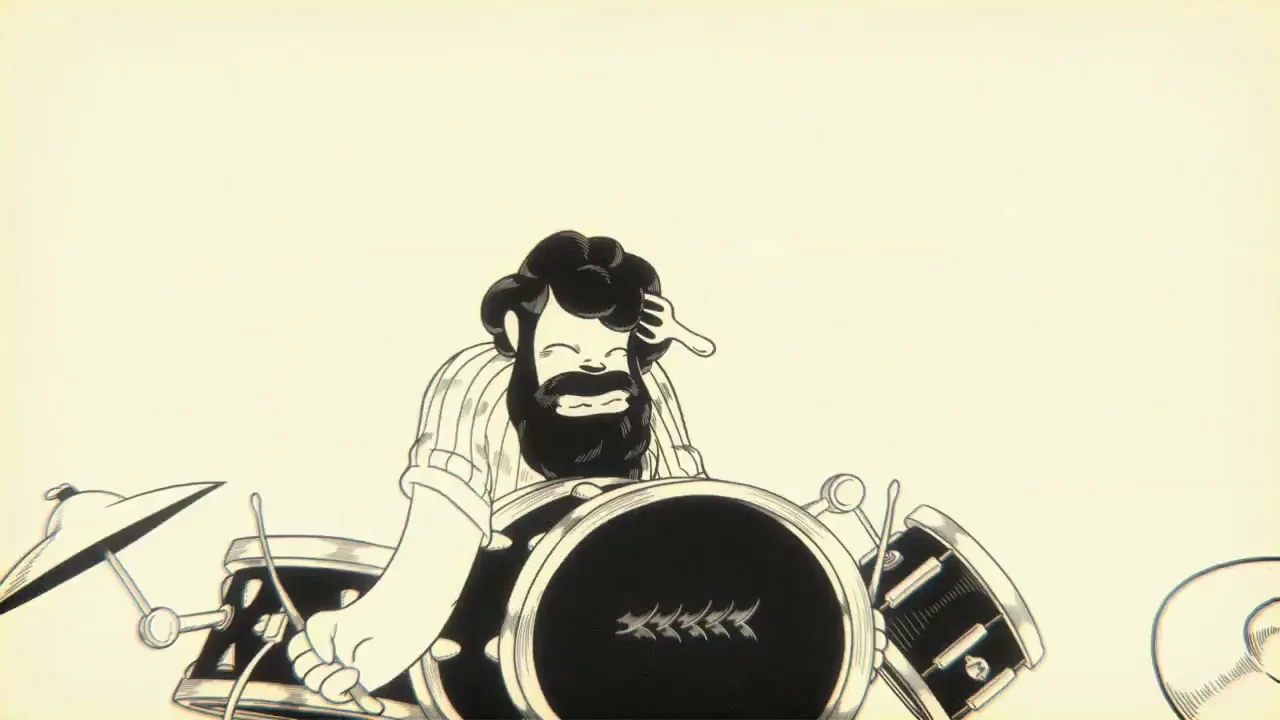 A cartoon man with a beard and striped shirt plays the drums with a wild expression in a studio void.