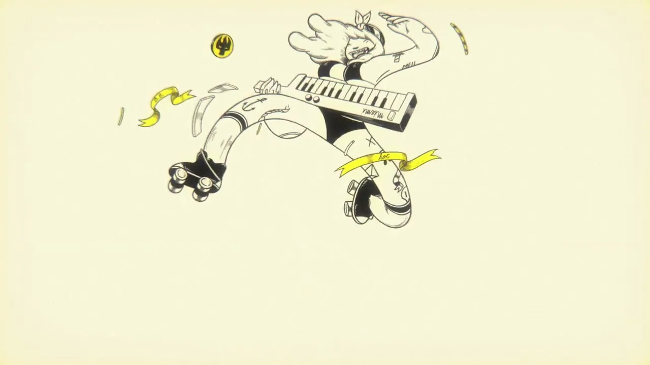 A series of animated characters, including a drummer, a roller skater with a keyboard, and a guitarist, are shown playing instruments in a dynamic, energetic sequence on a plain background.