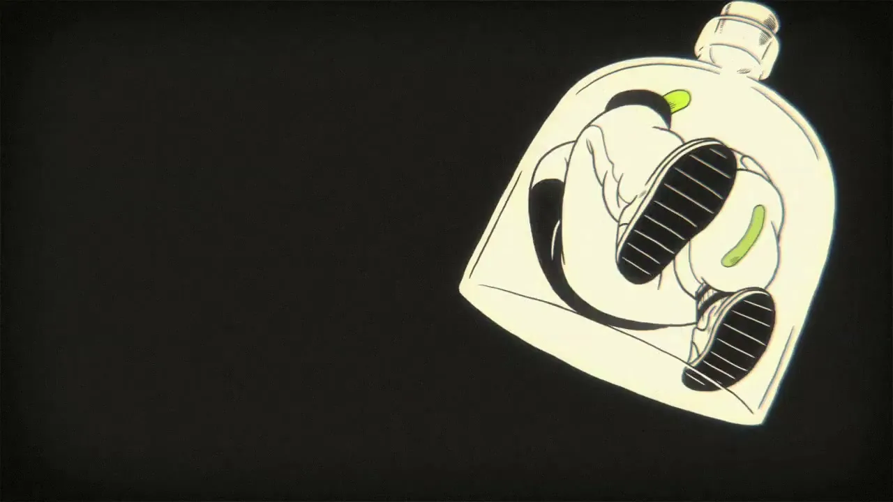 A cartoon man with a beard plays piano inside a bottle, which is held by a pair of skeletal hands, in a black void.