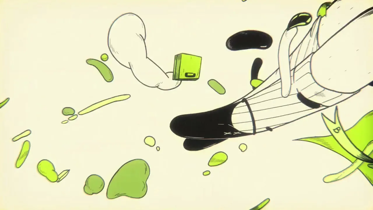 A stylized animated character, initially a woman, breaks apart into pieces and transforms into a man, surrounded by green liquid splashes on a light background.