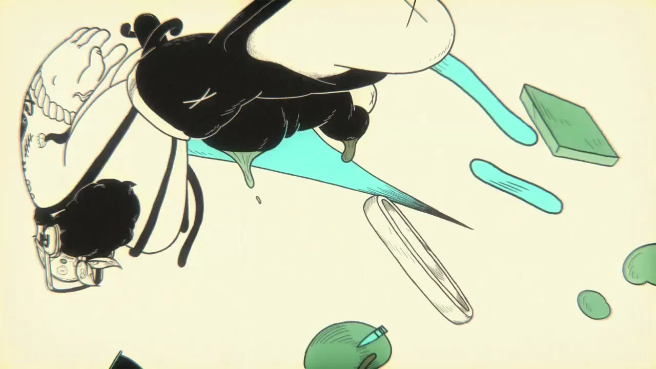 A stylized animated character, resembling Popeye, is seen from a high angle, falling through a light background with colorful shapes.