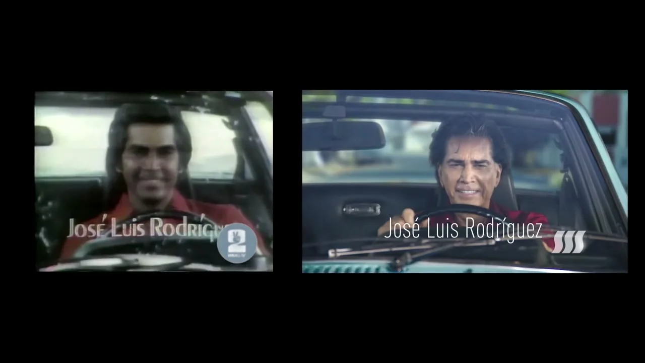 A split screen shows a younger man in a red shirt driving a car on the left, and an older man in a red shirt driving a car on the right, both smiling.