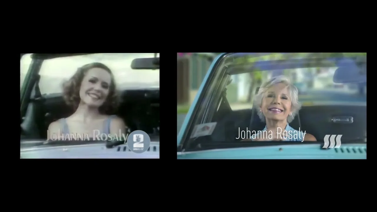 A split screen shows a young woman in a vintage car on the left, and an older woman in a modern car on the right, both smiling.