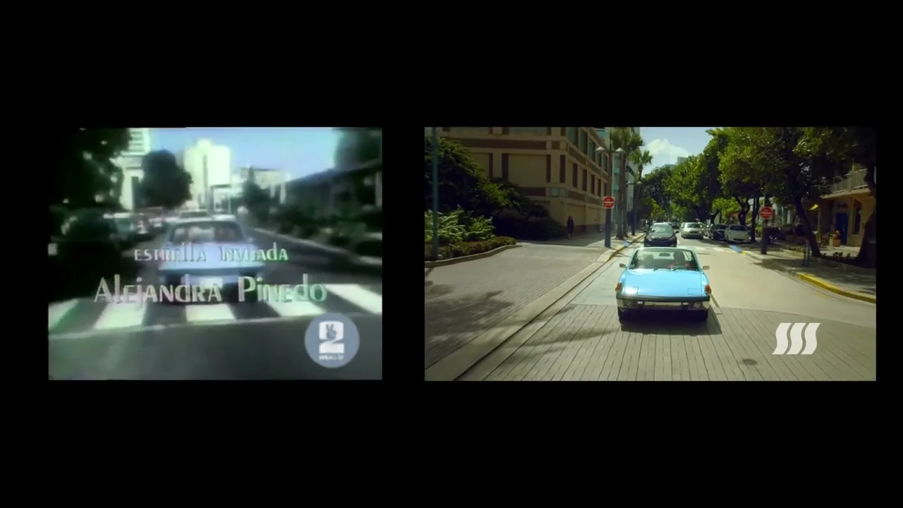 A split screen shows a vintage blue car driving on the left and a modern blue car driving on the right, both on city streets.