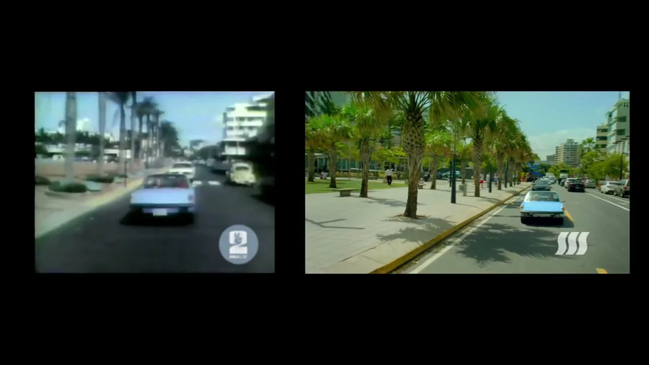 A split screen shows a vintage video of a blue car driving on a sunny street with palm trees, next to a modern video of the same street with more cars and buildings.