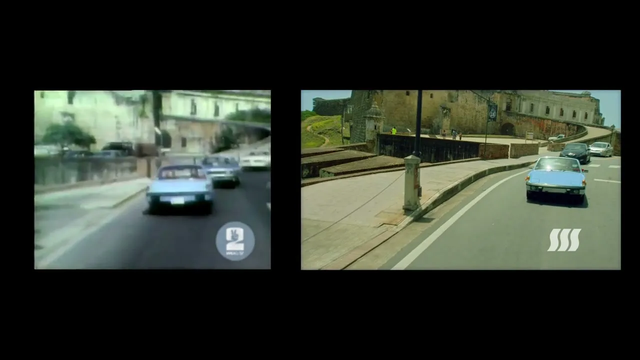 A split screen shows a vintage video of a blue car driving on a road next to a fort, contrasted with a modern, clearer version of the same scene.