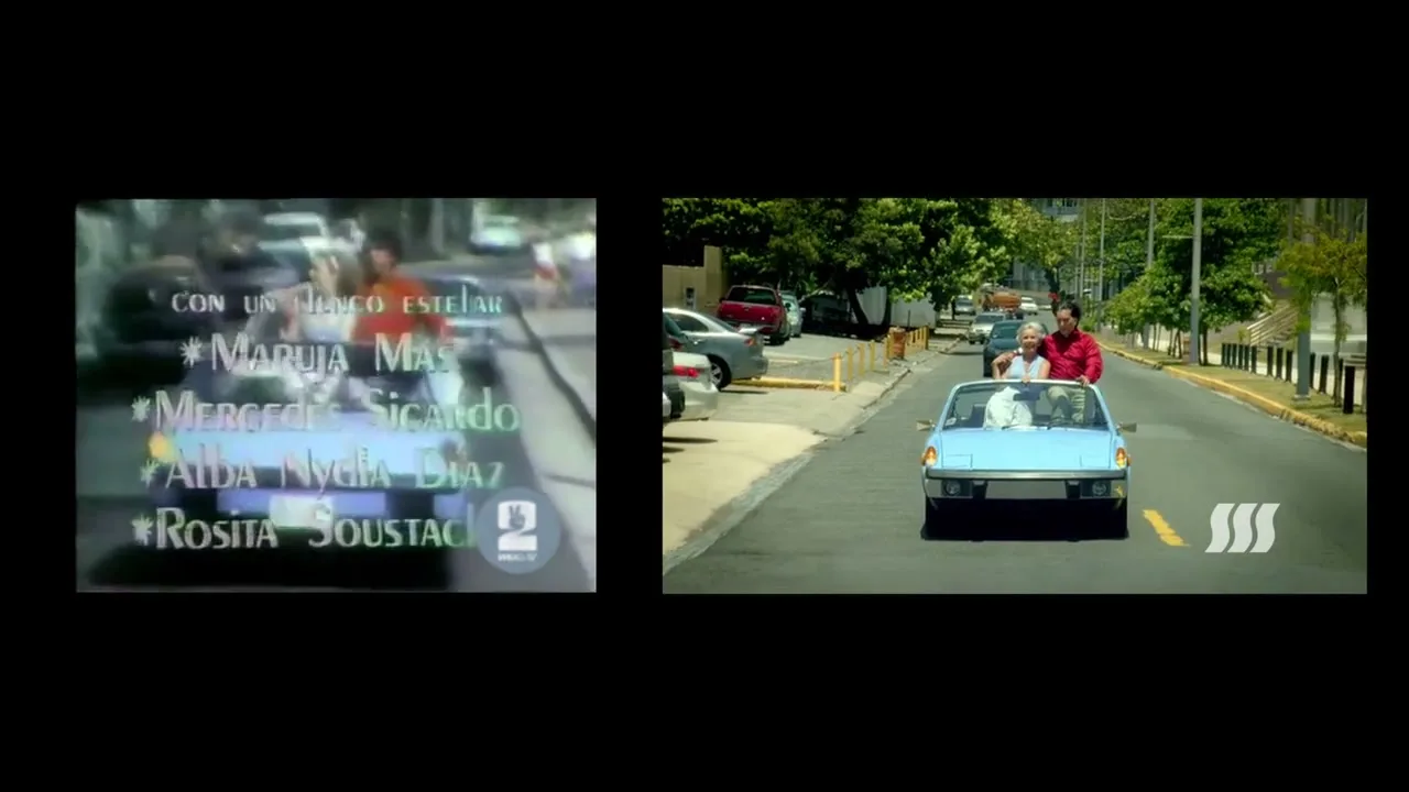 A split screen shows a vintage video on the left and a modern video on the right, both featuring a light blue convertible car driving down a street with people inside.