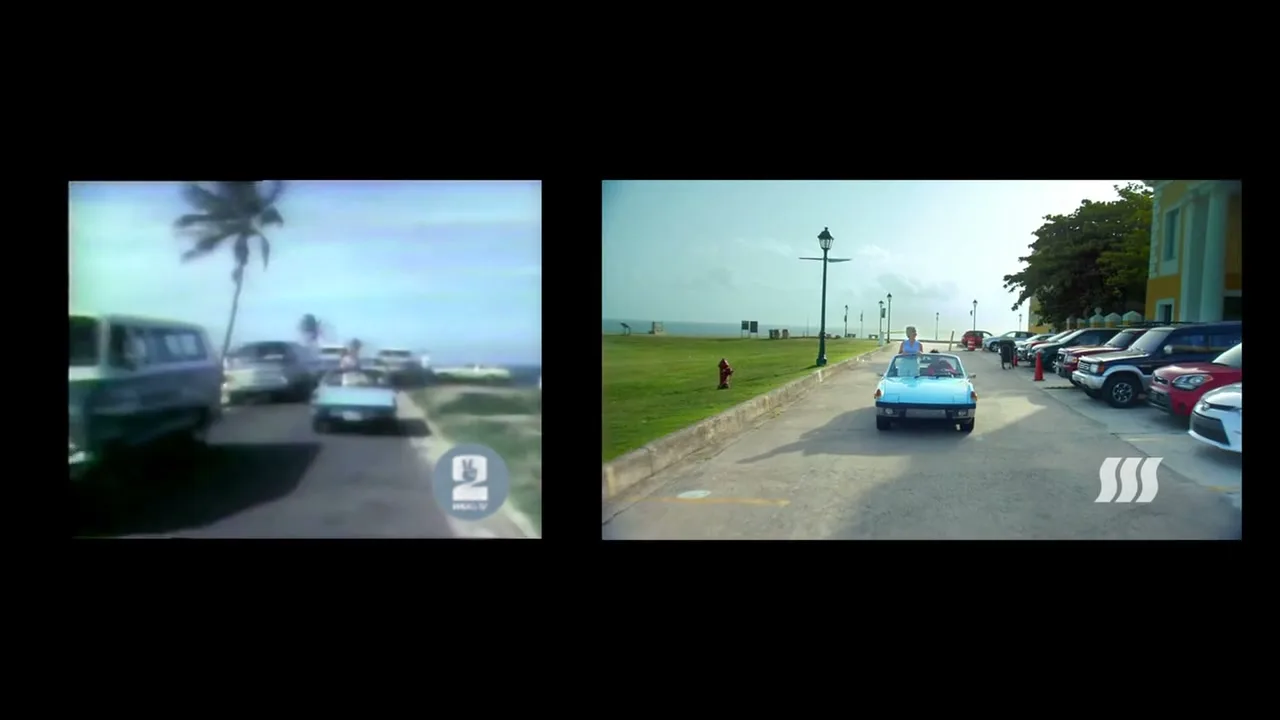 A split screen shows an old, grainy video on the left and a modern, clear video on the right, both featuring a light blue convertible driving along a coastal road with a lighthouse in the distance.