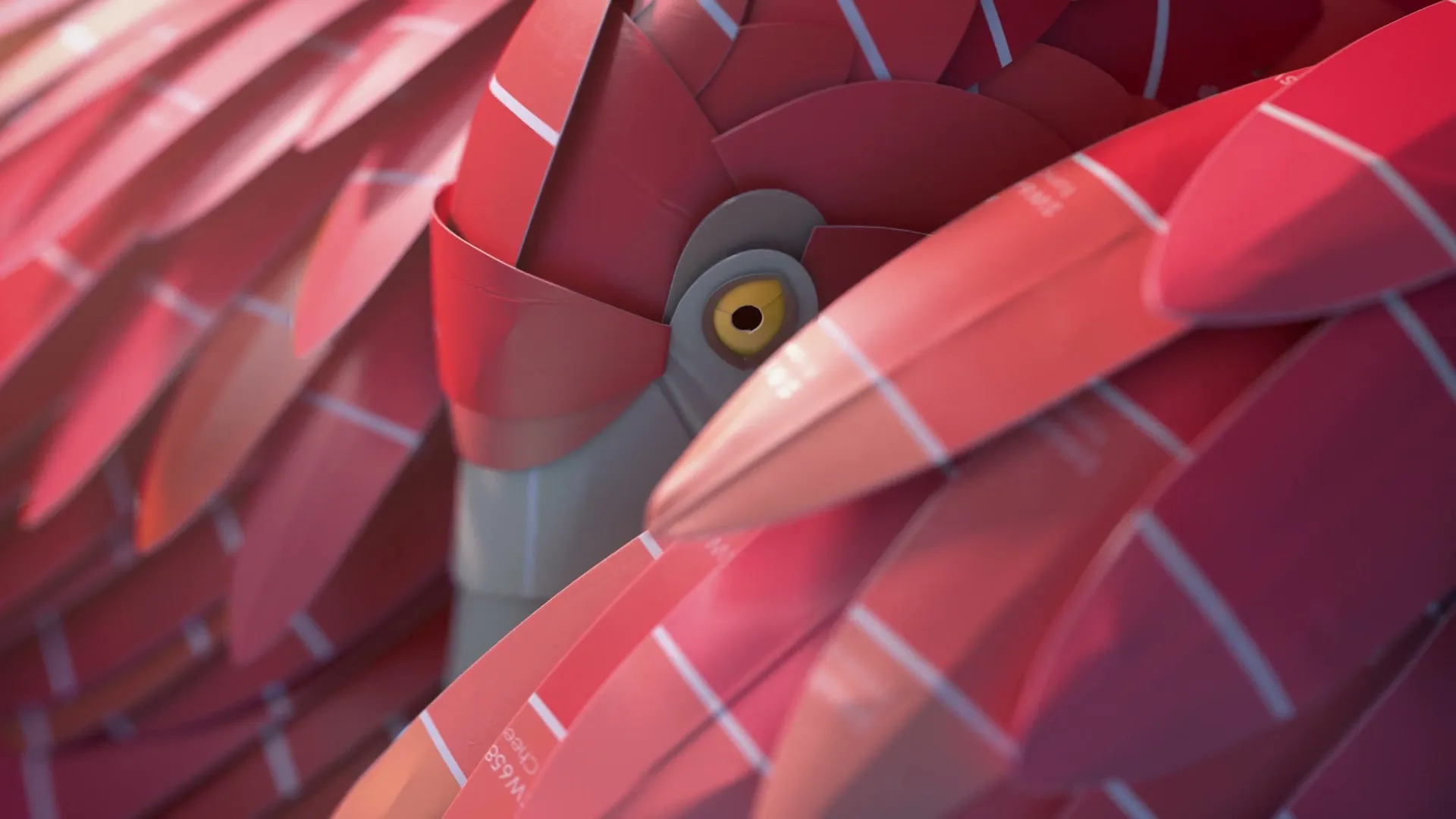 A flamingo made of red paint swatches blinks its yellow eye, then closes it, in a close-up shot.