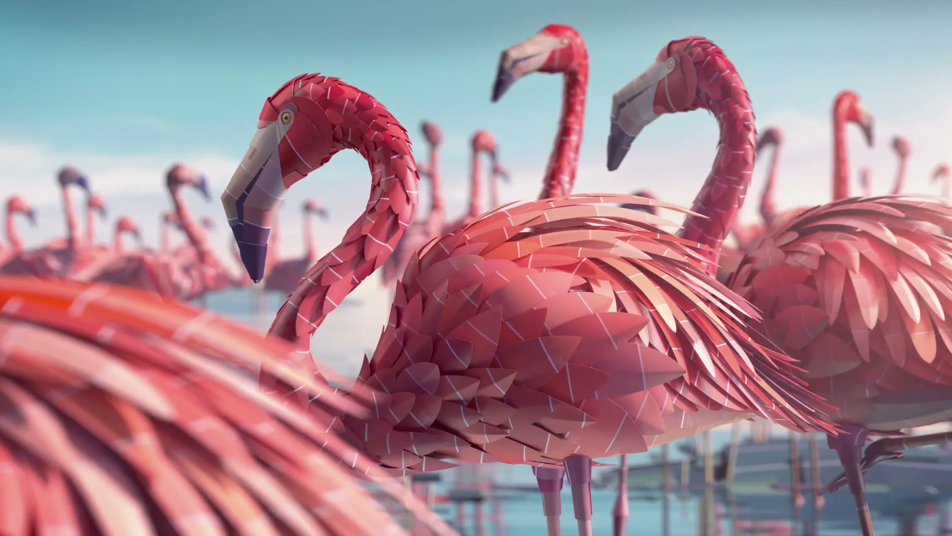 A flock of stylized pink flamingos, made of paint swatches, stand in shallow blue water under a bright sky, turning their heads.