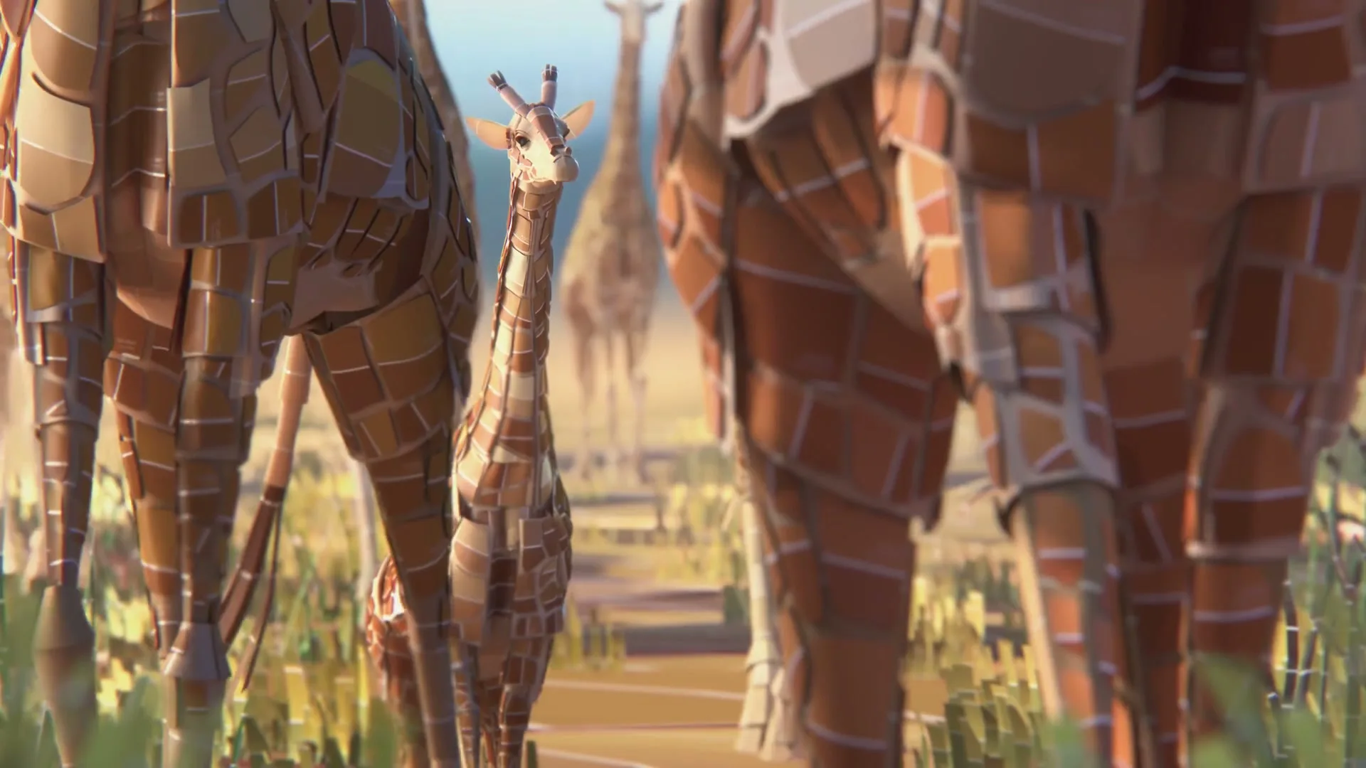 A baby giraffe made of paint swatches walks towards the camera, surrounded by adult giraffes, in a stylized savanna.