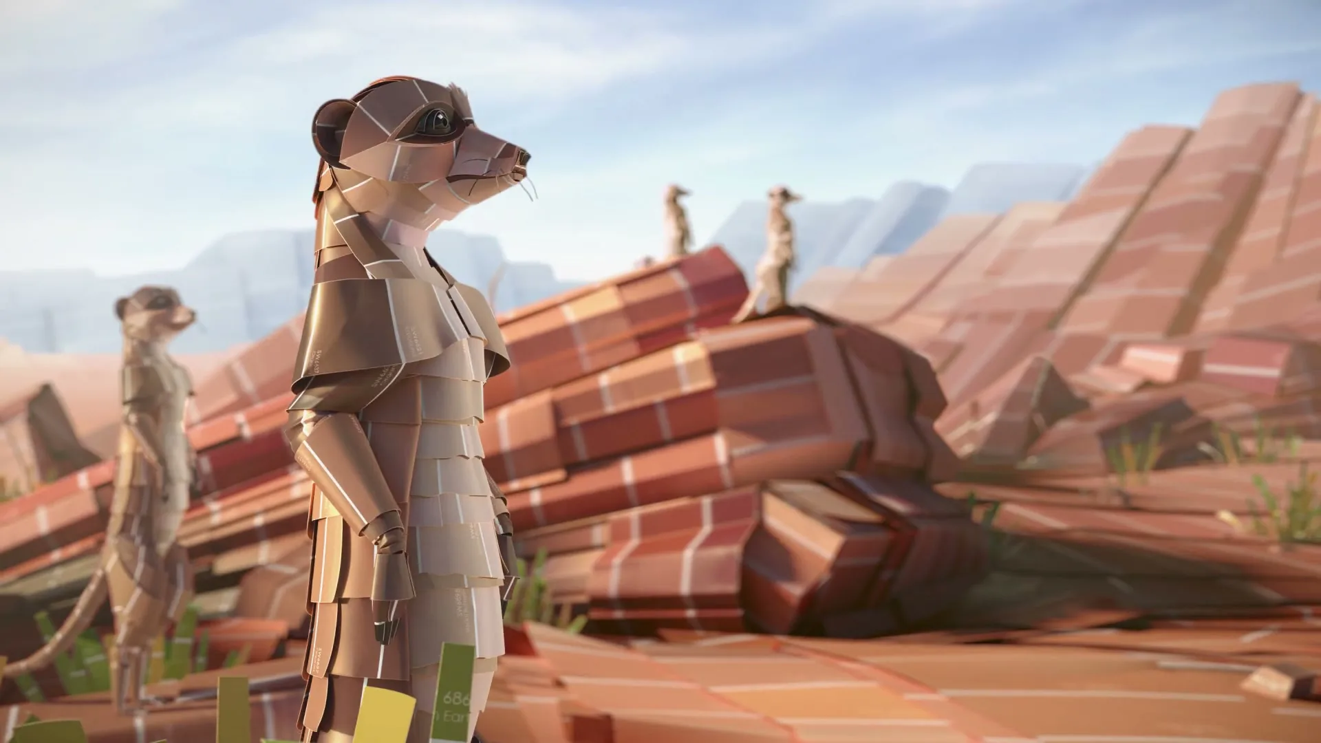 A group of meerkats, made of paint swatches, stand alert in a desert landscape with red rock formations under a bright sky.