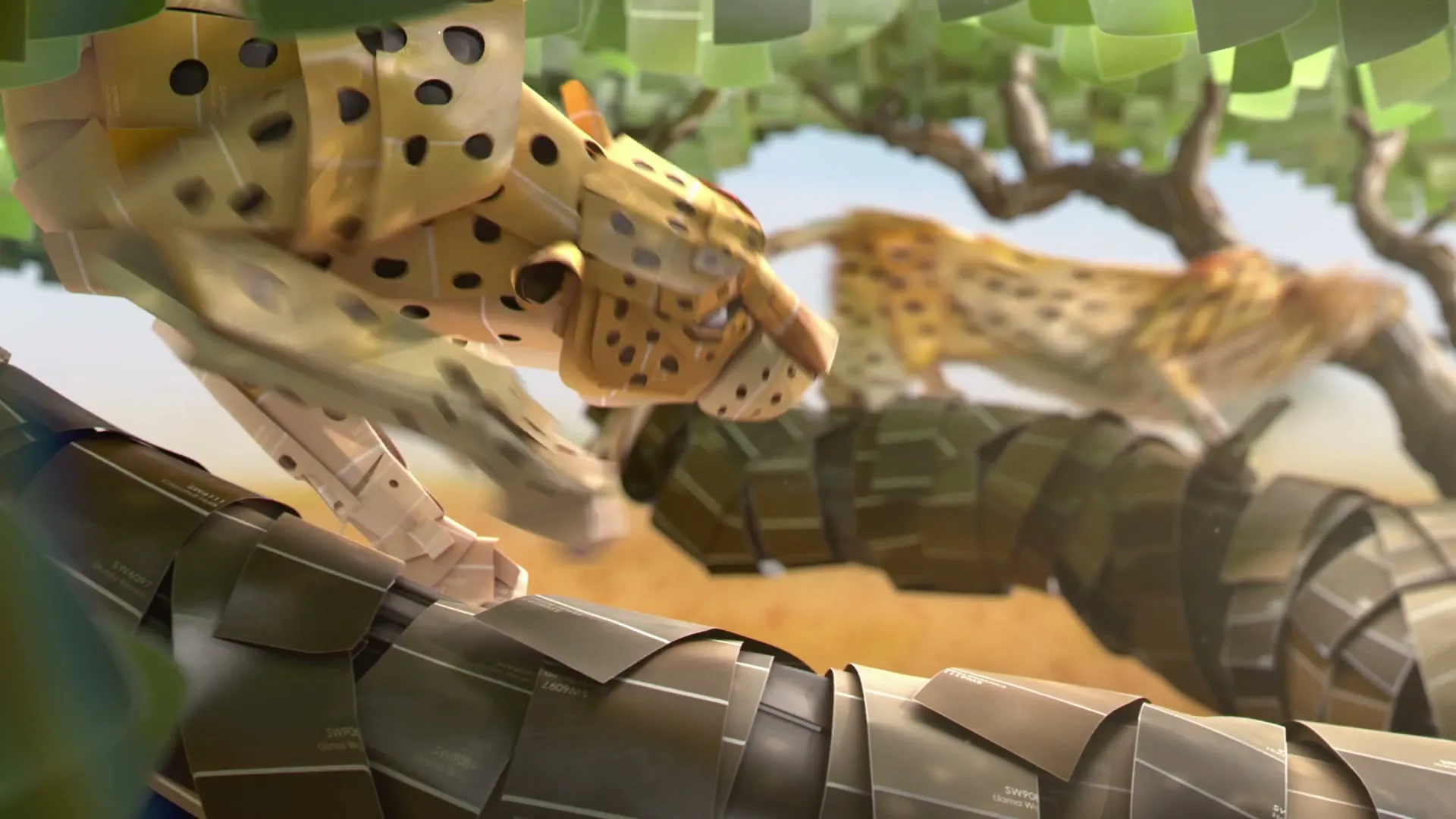 Two cheetahs made of paint swatches are seen on a tree branch, with one jumping off, in a stylized savanna landscape.