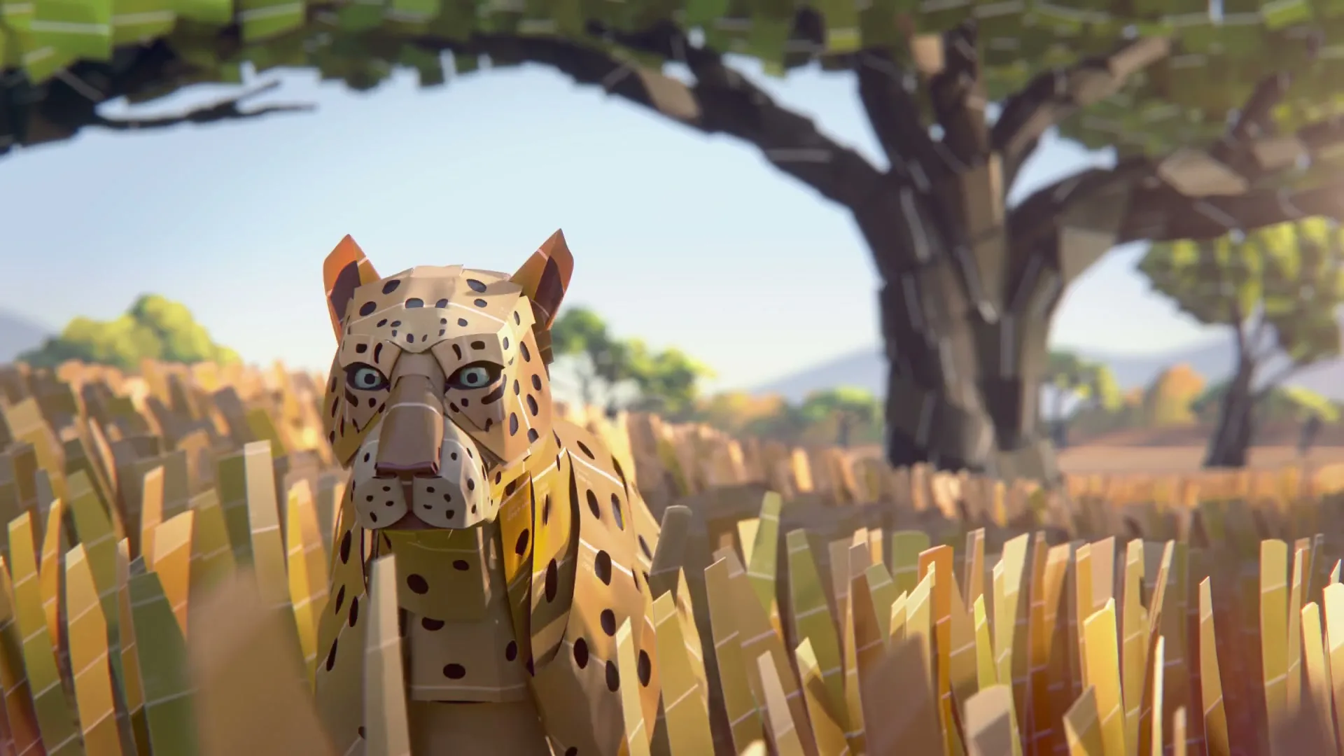 A stylized cheetah, made of paint swatches, walks through tall grass in a savanna landscape with an acacia tree in the background.