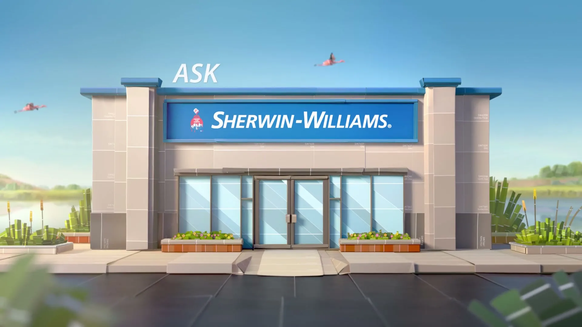 A wide shot of a stylized Sherwin-Williams store with a blue sign, surrounded by green plants and a lake under a clear blue sky.