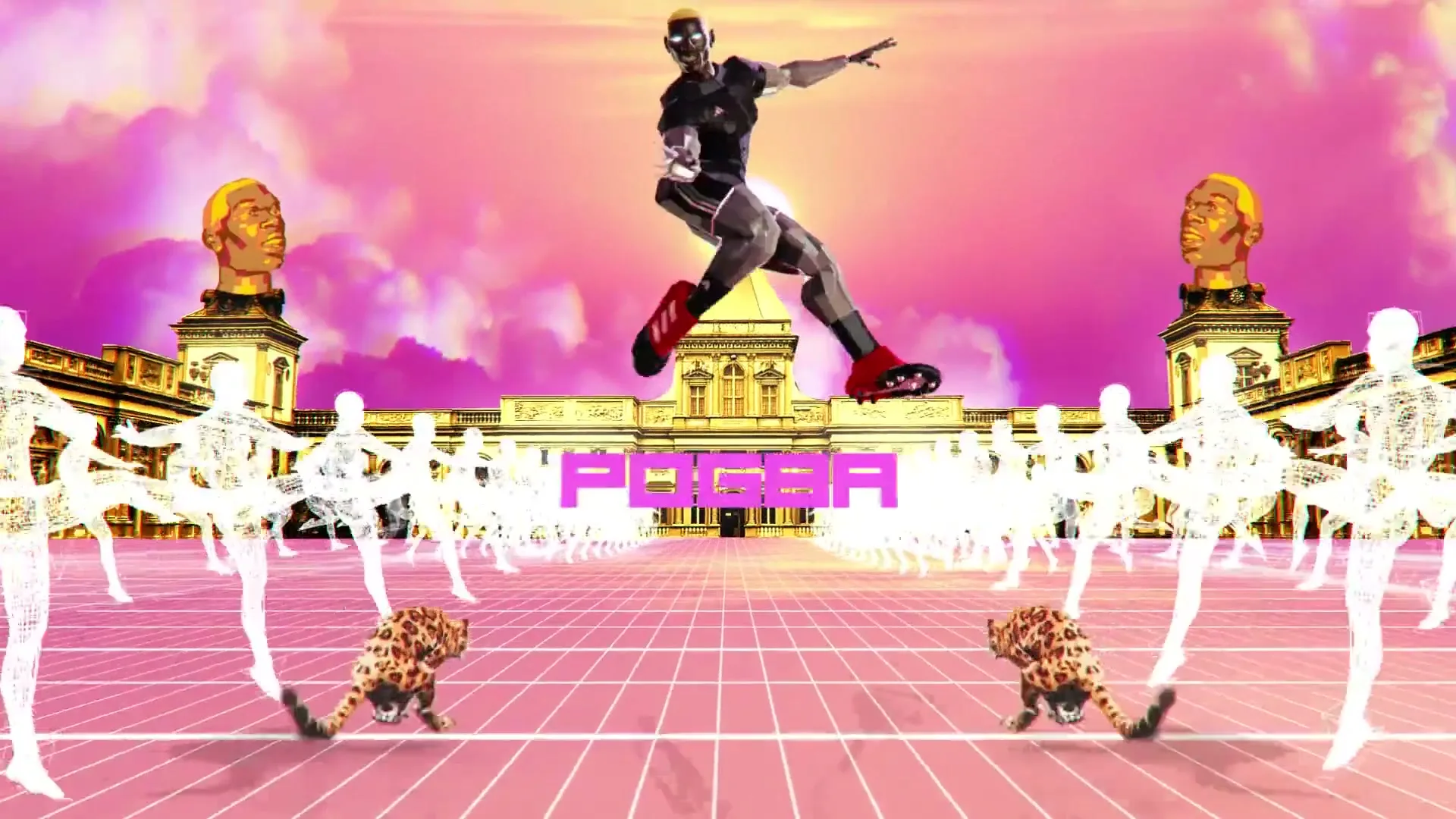 A stylized CG Paul Pogba jumps over a grid floor, surrounded by golden busts, wireframe figures, and cheetahs, with a building in the background.
