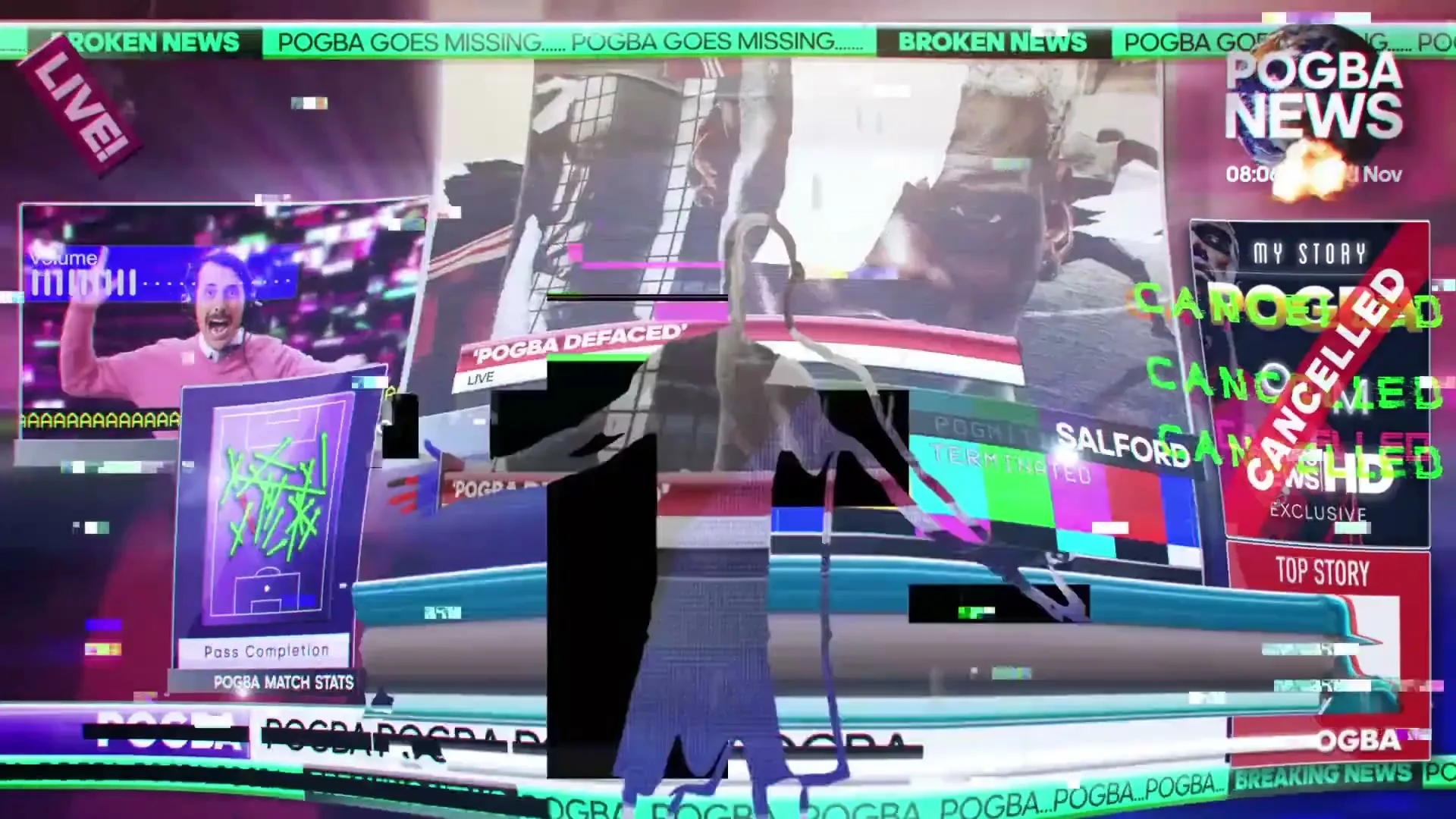 Paul Pogba, a male athlete in his 20s, appears in a black Adidas tracksuit, arms outstretched, amidst a chaotic, glitching virtual news broadcast.