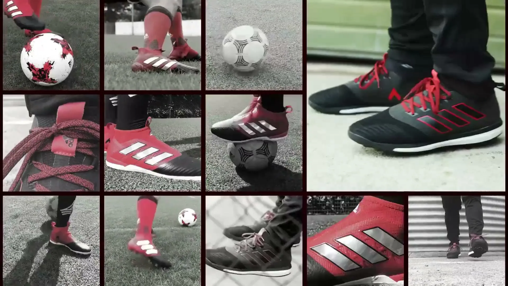 A dynamic split-screen montage showcases various close-ups of soccer players' feet in red and black adidas cleats, interacting with soccer balls on different surfaces.