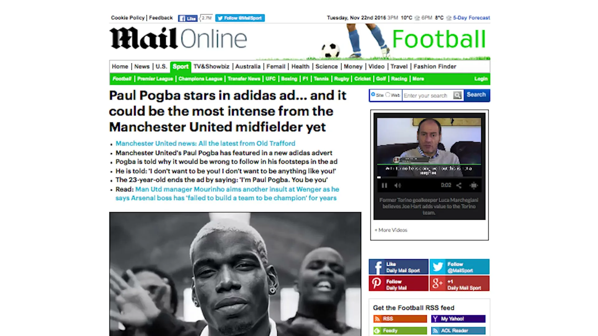 A screenshot of a Mail Online article about Paul Pogba starring in an Adidas ad, with a video player showing a man speaking.