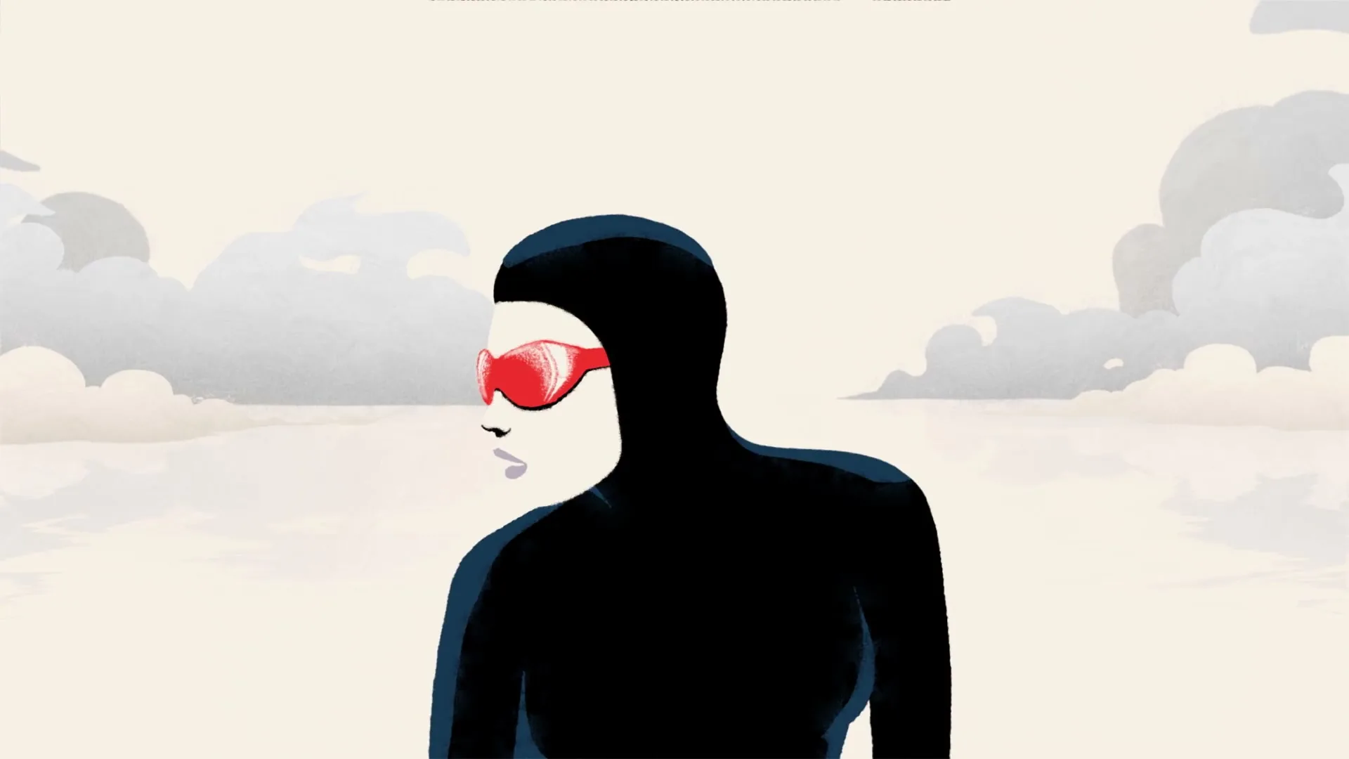 An animated female speed skater in a black suit and red goggles looks over her shoulder on a vast, icy plain under a cloudy sky.